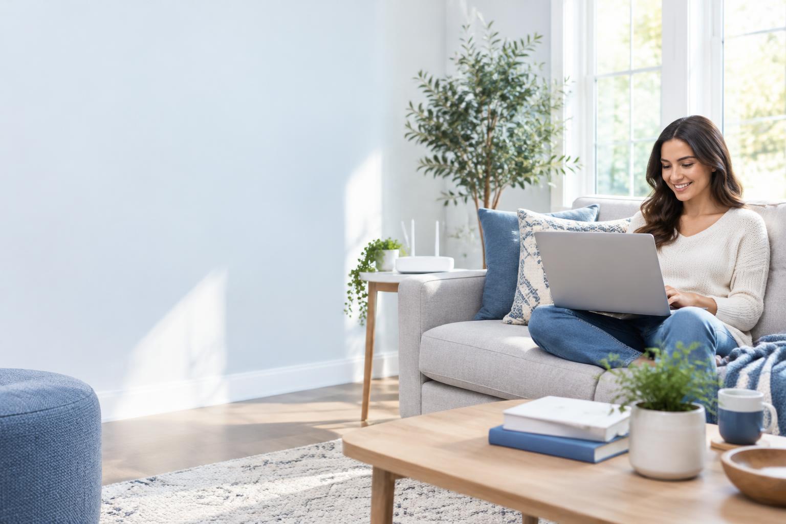 A bright living room with a laptop and home Wi-Fi router