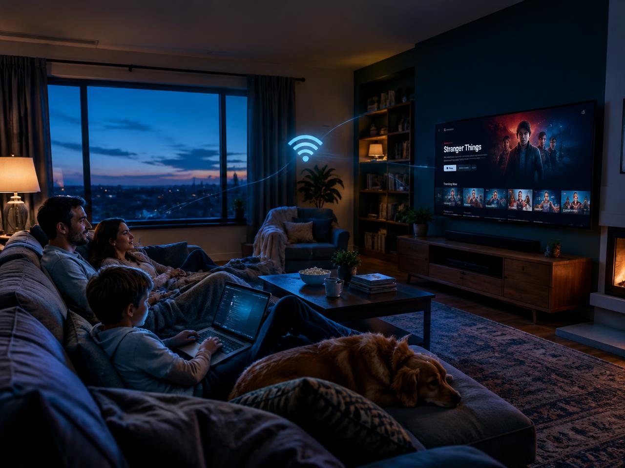 Family enjoying home internet in their living room